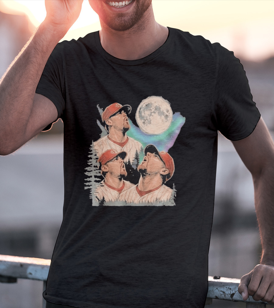 Three Howling Phillies 2026 Randy Wolf Meme Vintage Baseball Art Baseball Moon Forest T-Shirt