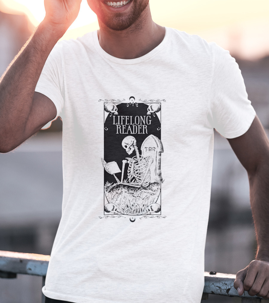 Lifelong Reader Skeleton With Book And Tombstone Retro Gothic T-Shirt