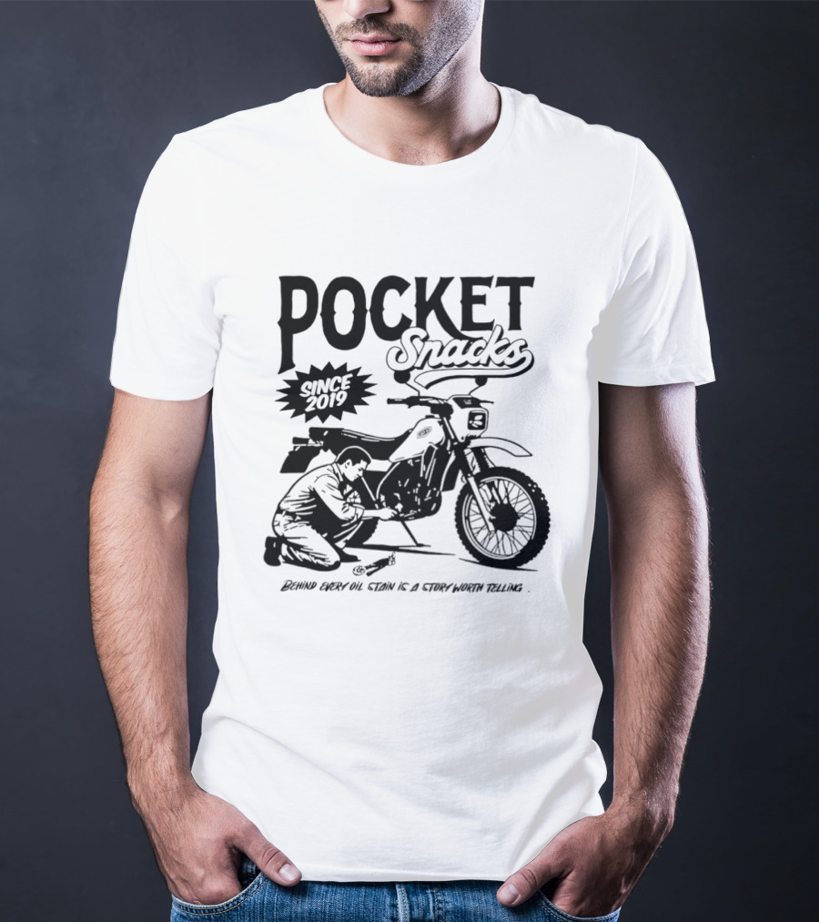 Pocket Snacks Since 2019 Motorcycle Mechanic Oil Stain T-Shirt