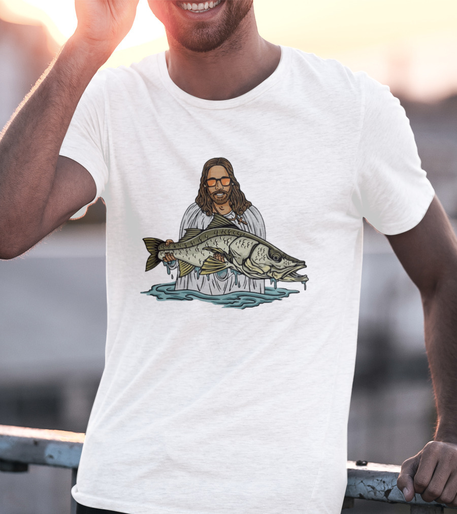 Jesus Holding Fish Like Jesus Fishing With Sunglasses T-Shirt