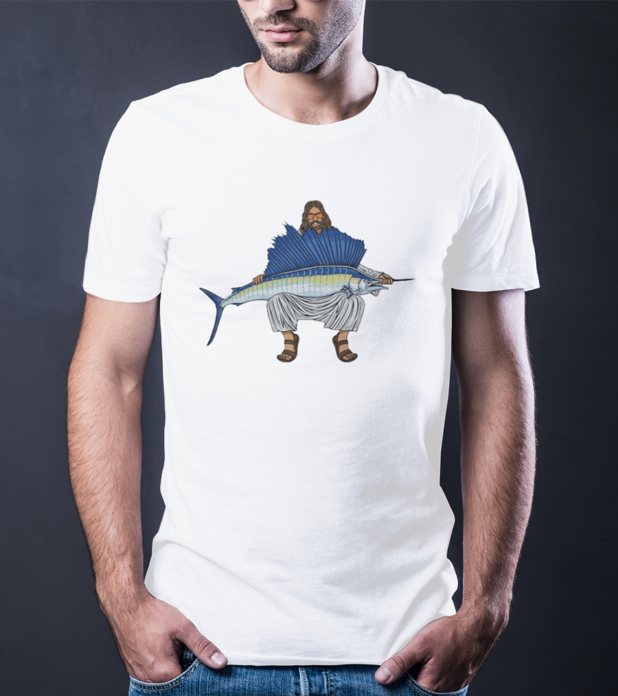 Jesus Holding Sailfish Fish Like Iconic Religious Savior T-Shirt