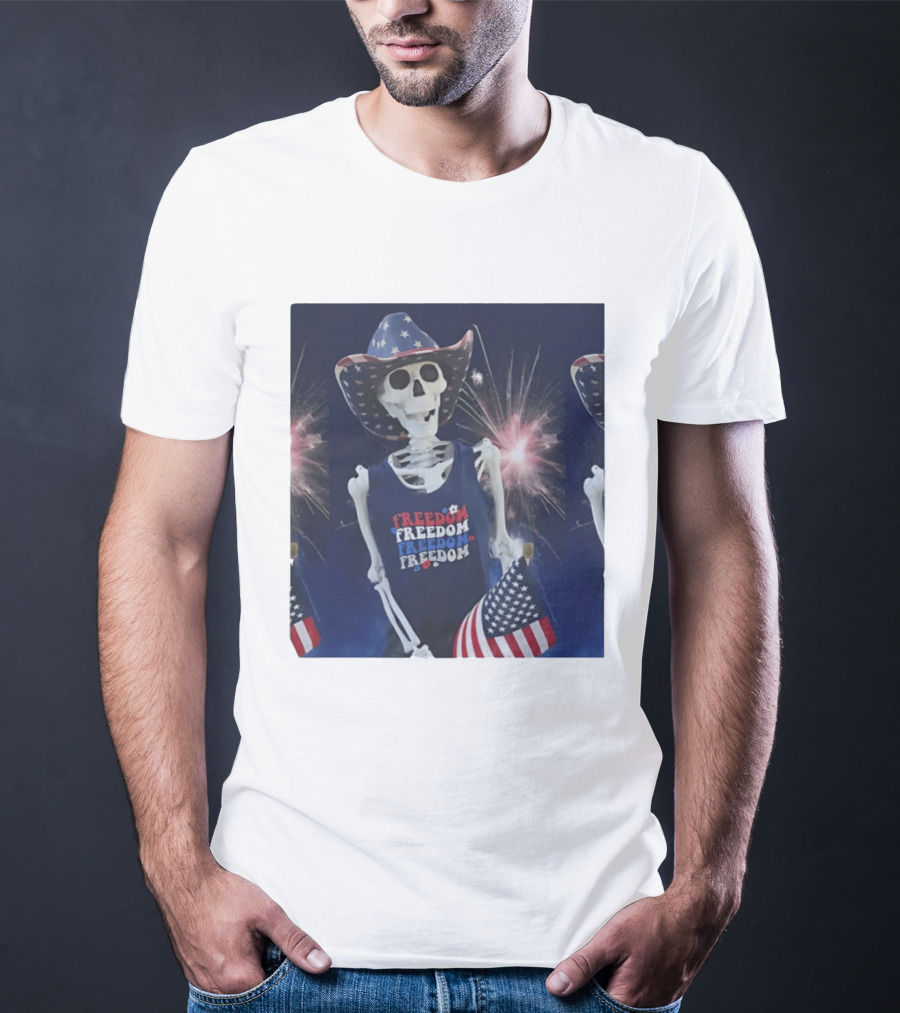 Freedom Skeleton Patriot With American Flag And Fireworks Fourth Of July T-Shirt