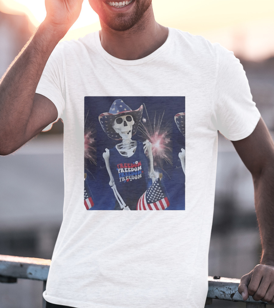 Freedom Skeleton Patriot With American Flag And Fireworks Fourth Of July T-Shirt