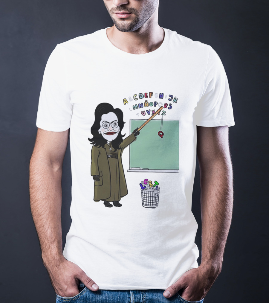 LGBTQ Alphabet Removal Cartoon Teacher With Chalkboard And Trash Bin T-Shirt