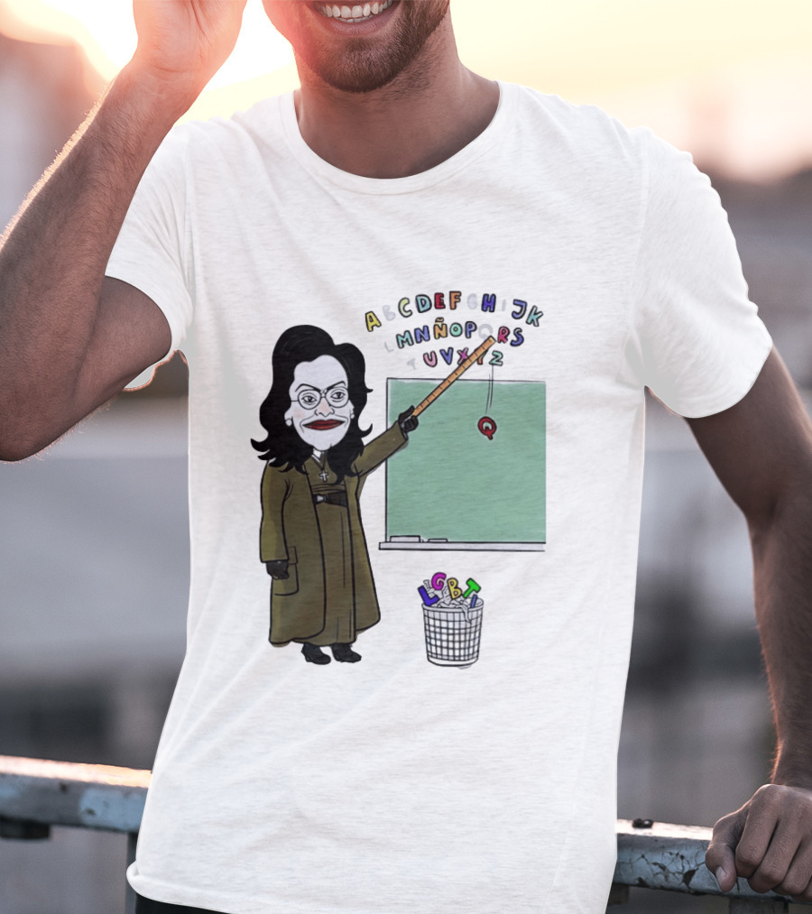 LGBTQ Alphabet Removal Cartoon Teacher With Chalkboard And Trash Bin T-Shirt