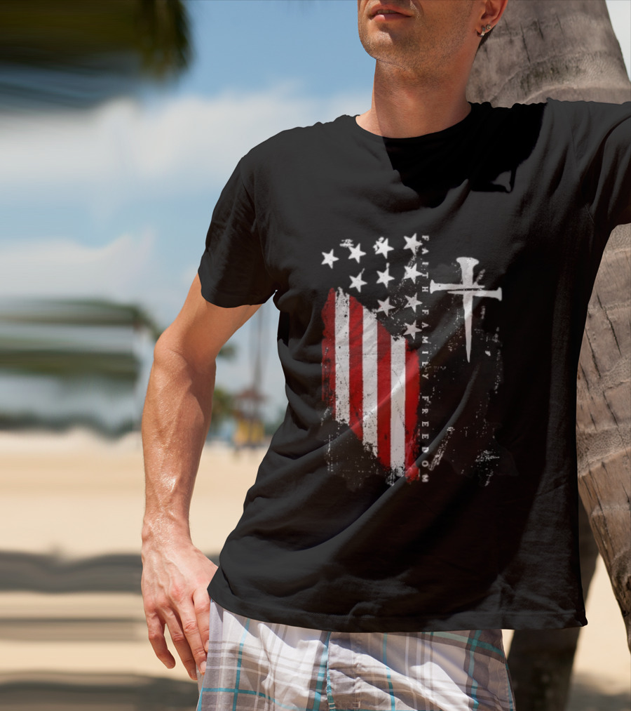Faith Family Freedom Patriotic American Flag Cross T-Shirt