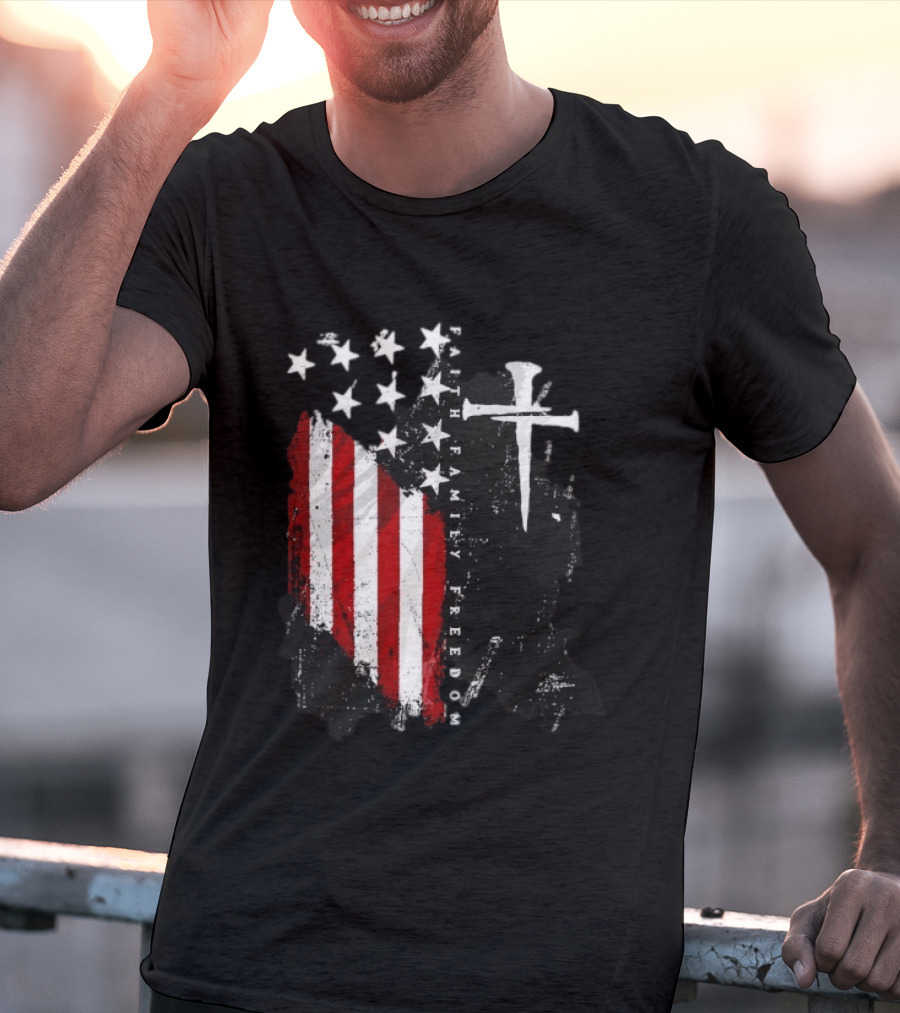 Faith Family Freedom Patriotic American Flag Cross T-Shirt