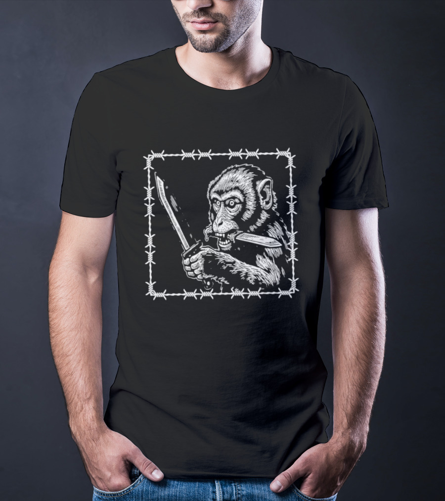 Monkey Holding Knife Barbed Wire Black And White Sketch T-Shirt