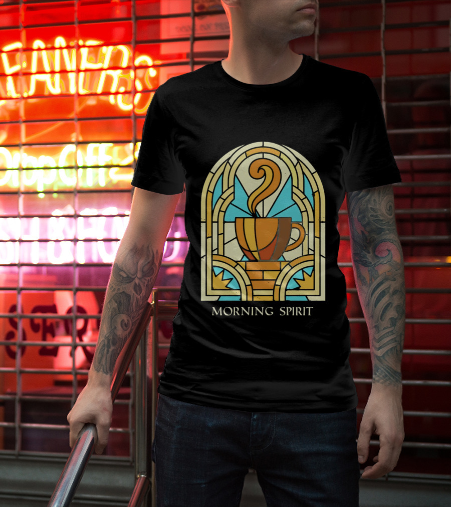 Morning Spirit Coffee Cup Stained Glass Art Deco T-Shirt