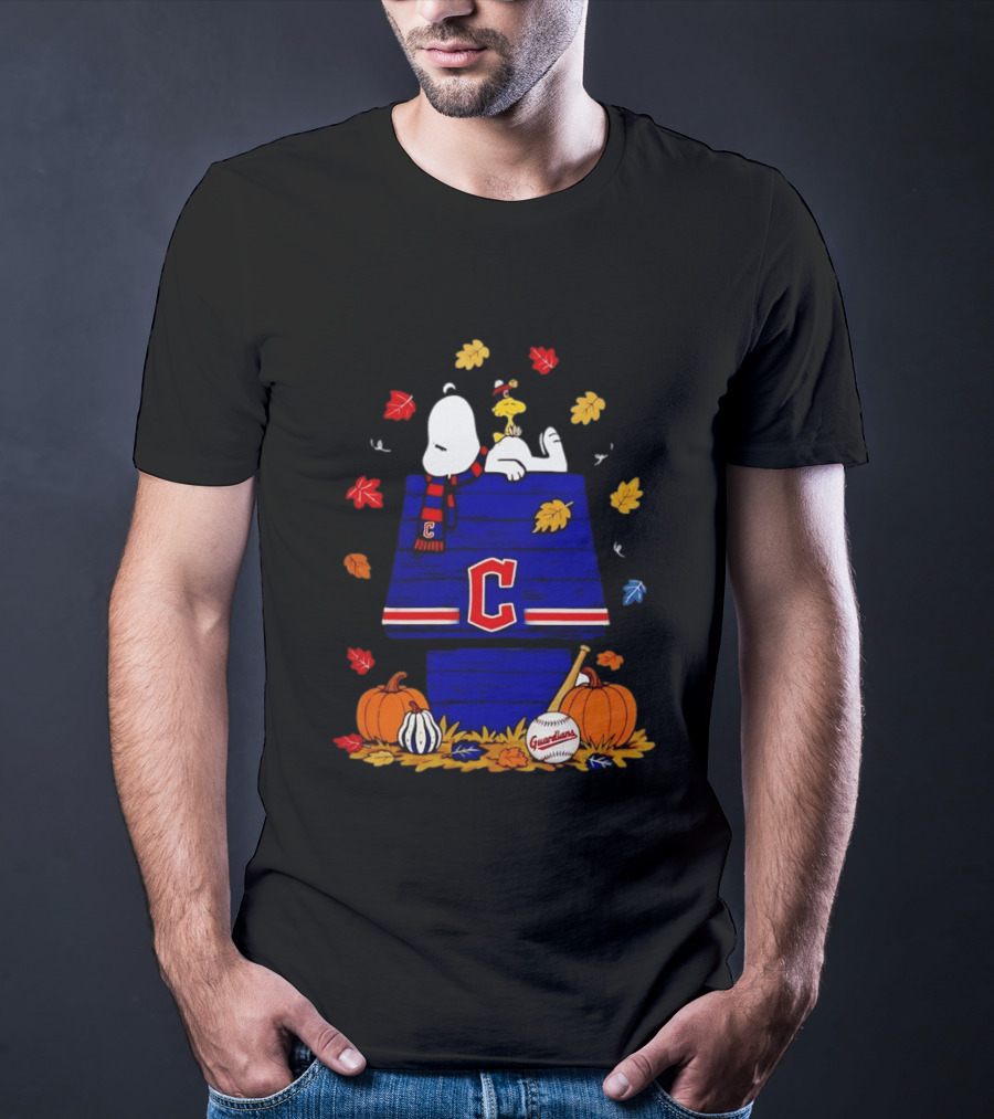 Snoopy Woodstock Cleveland Guardians Fall Baseball Pumpkins Autumn Leaves T-Shirt