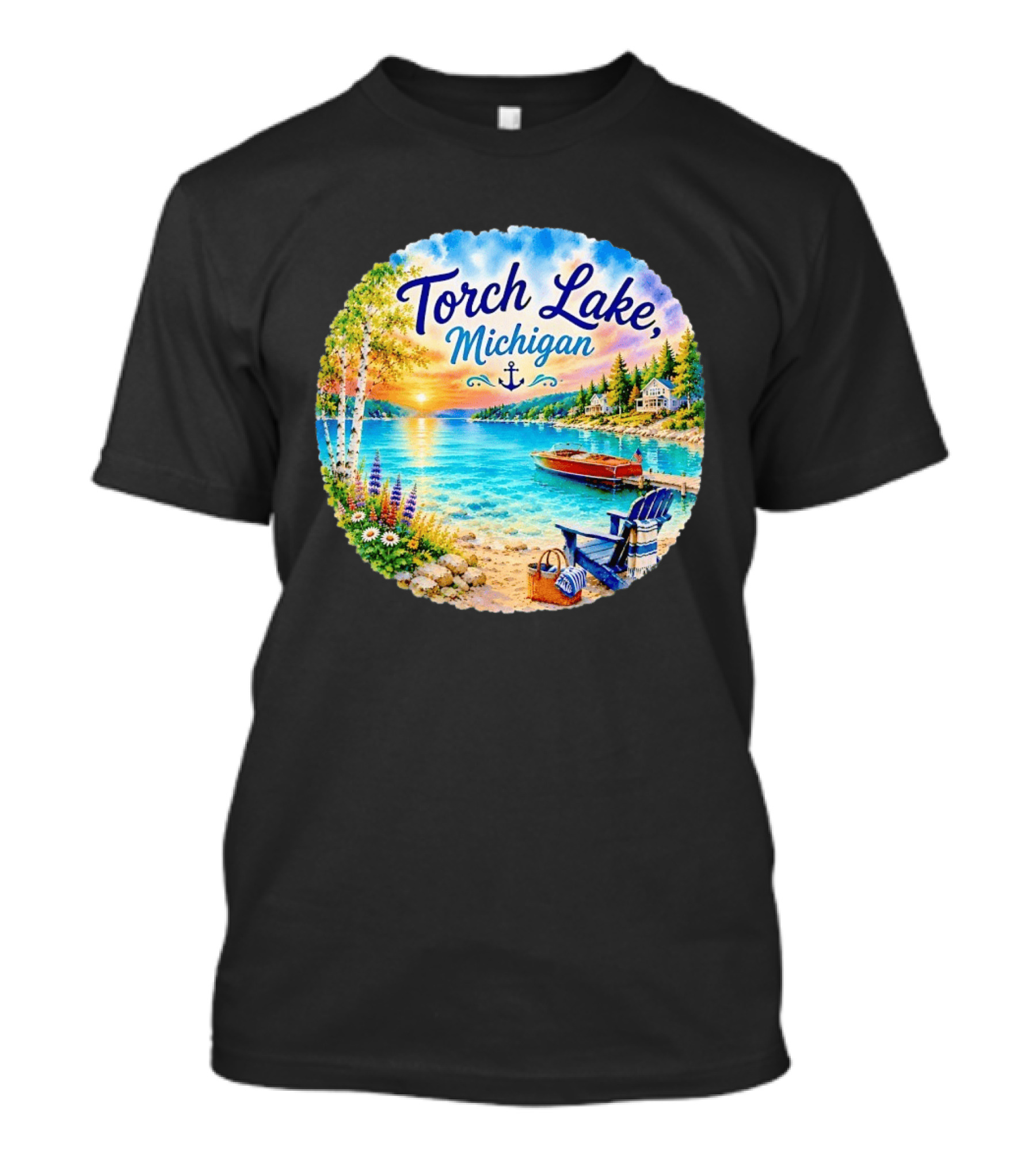Torch Lake Michigan Sunset Scenic Lakeside Anchor T-Shirt