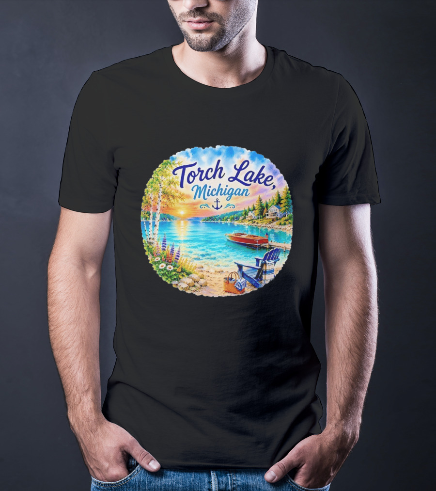 Torch Lake Michigan Sunset Scenic Lakeside Anchor T-Shirt
