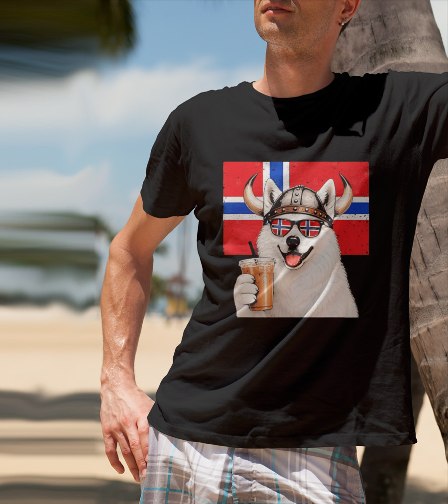Viking Husky With Norwegian Flag Glasses And Iced Coffee T-Shirt