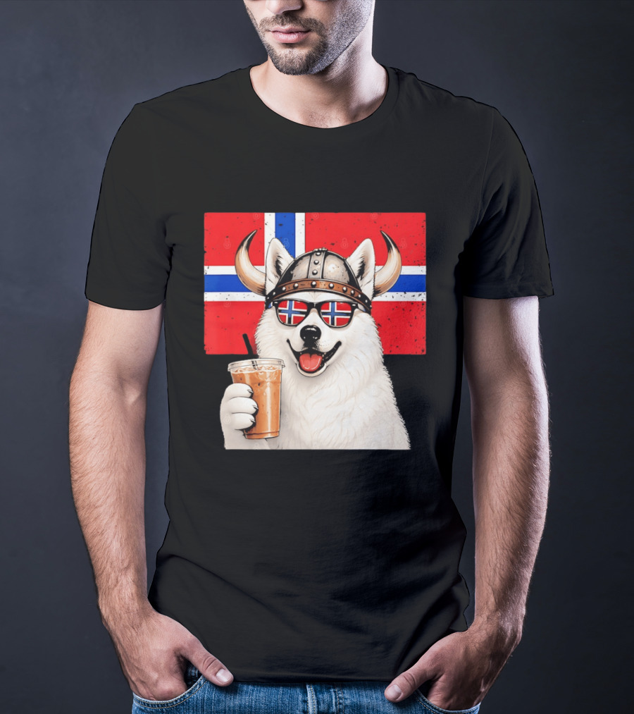 Viking Husky With Norwegian Flag Glasses And Iced Coffee T-Shirt