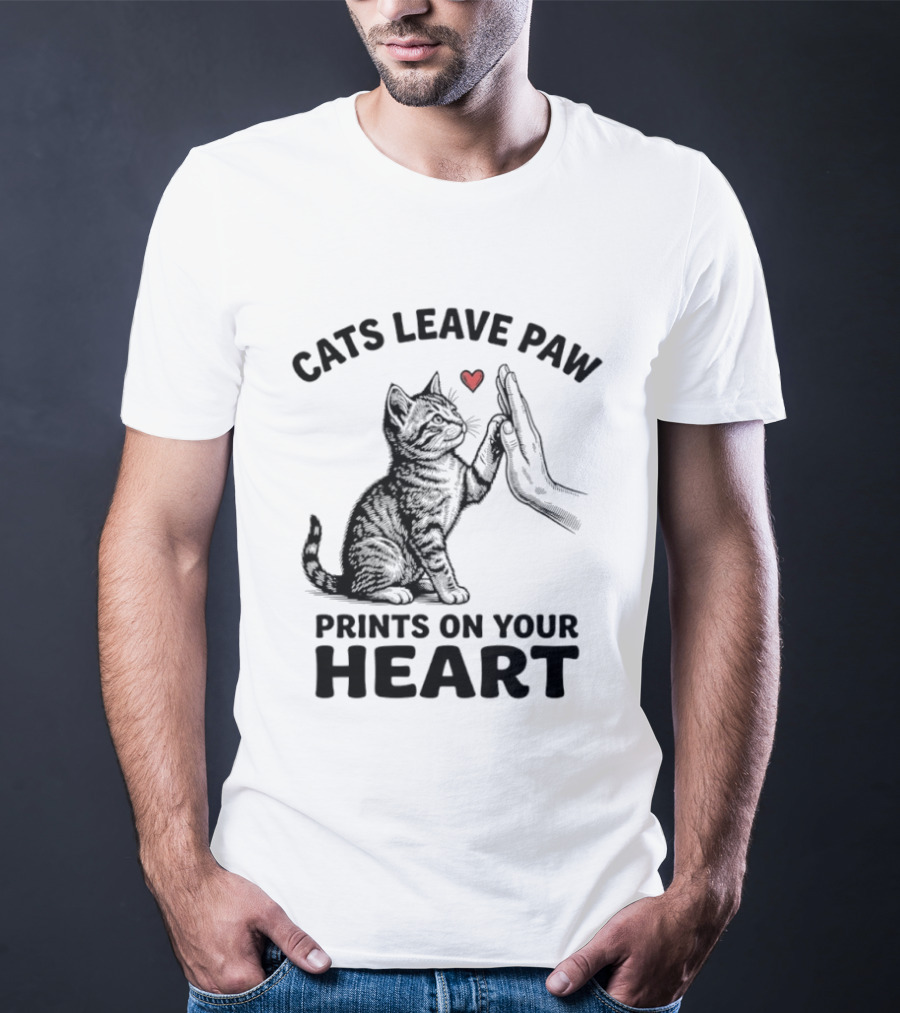 Cats Leave Paw Prints On Your Heart With Hand And Paw High Five T-Shirt