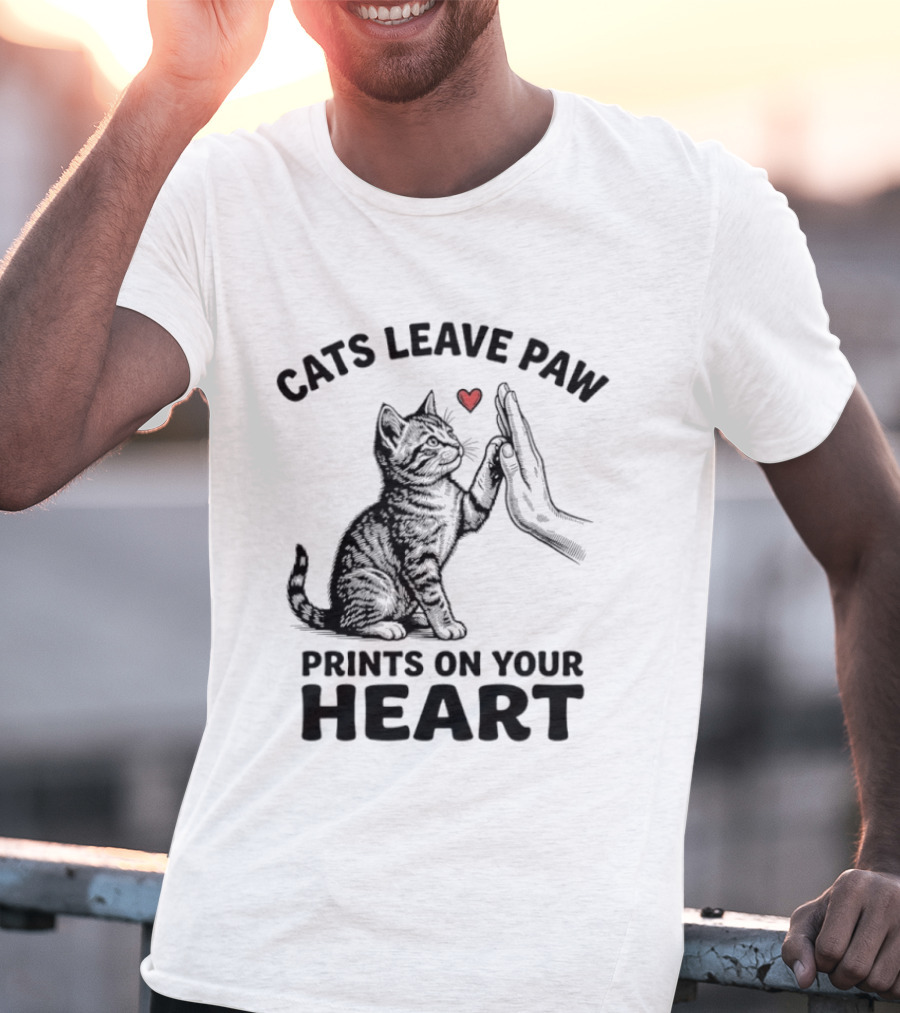 Cats Leave Paw Prints On Your Heart With Hand And Paw High Five T-Shirt