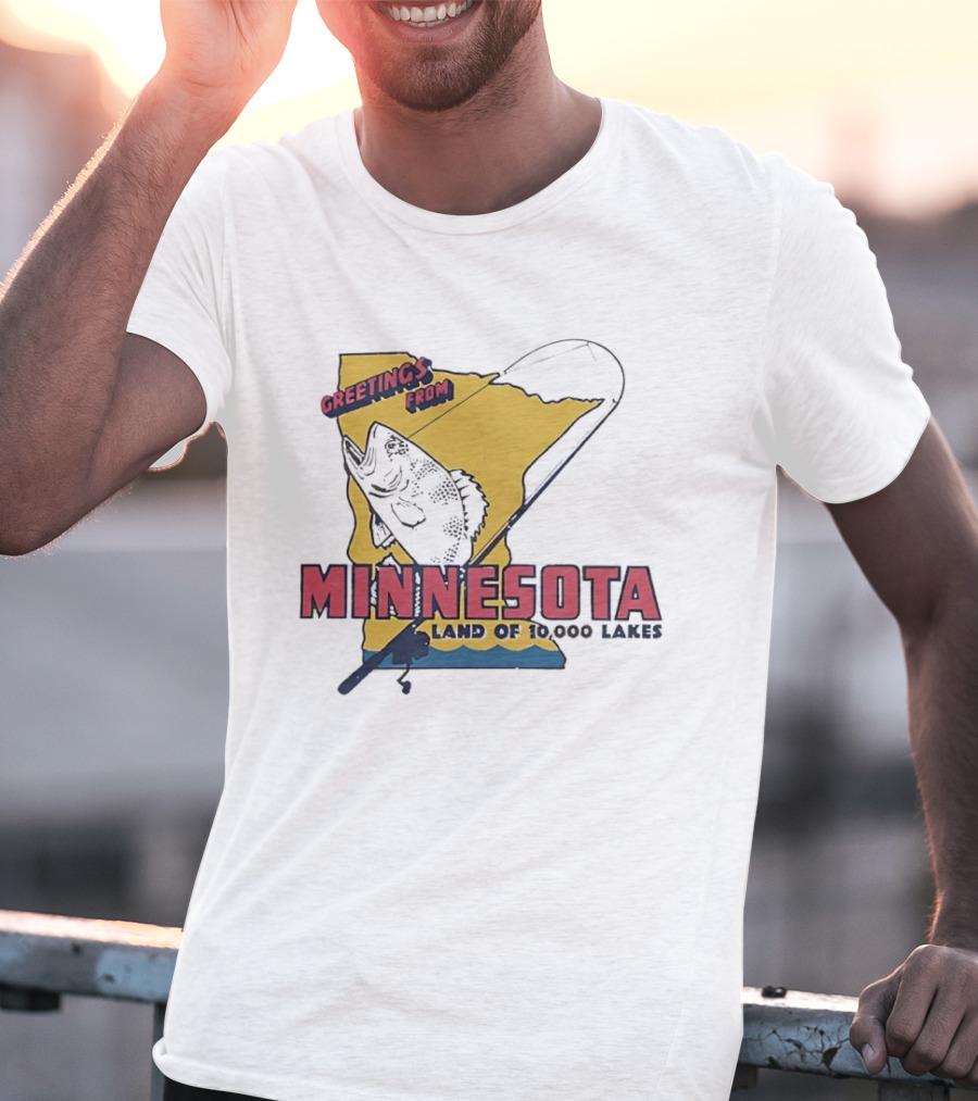 Greetings From Minnesota Land Of 10000 Lakes Fishing Map T-Shirt