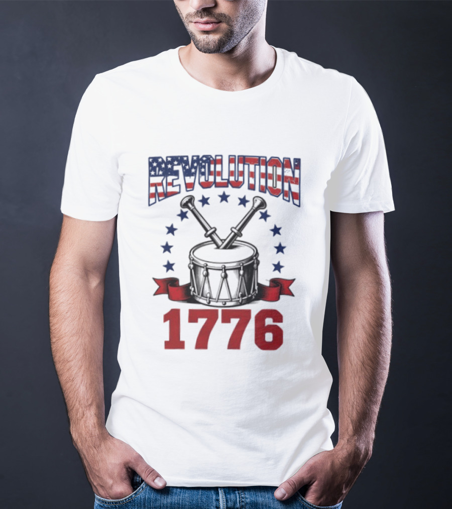 Revolution 1776 American Independence Drum With Stars And Crossed Drumsticks T-Shirt