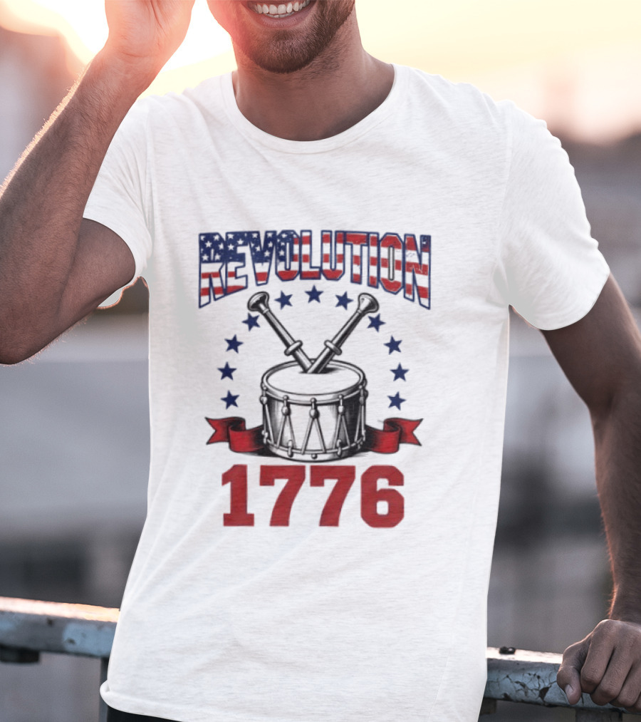 Revolution 1776 American Independence Drum With Stars And Crossed Drumsticks T-Shirt