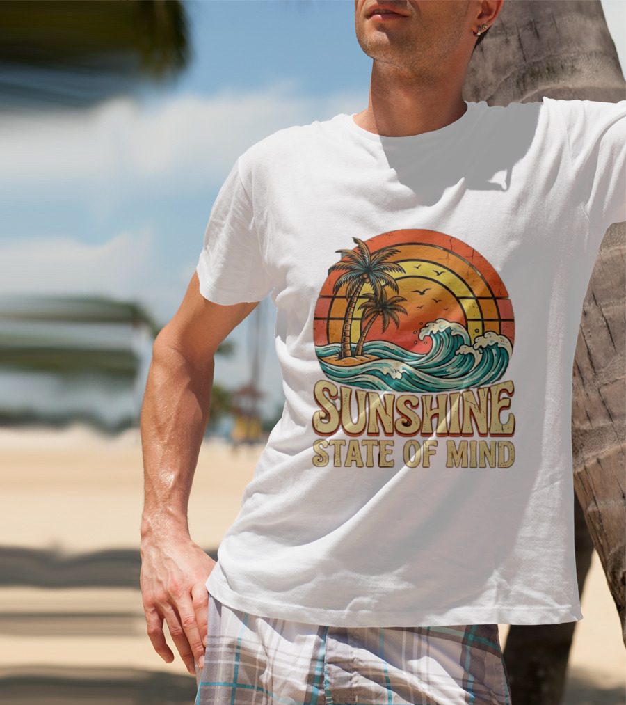 Sunshine State Of Mind Palm Trees Crashing Waves Sunset T-Shirt