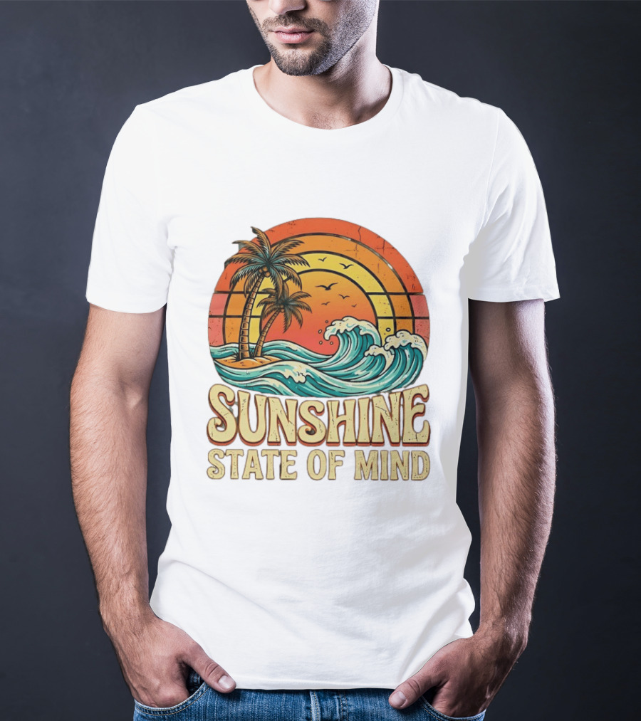 Sunshine State Of Mind Palm Trees Crashing Waves Sunset T-Shirt