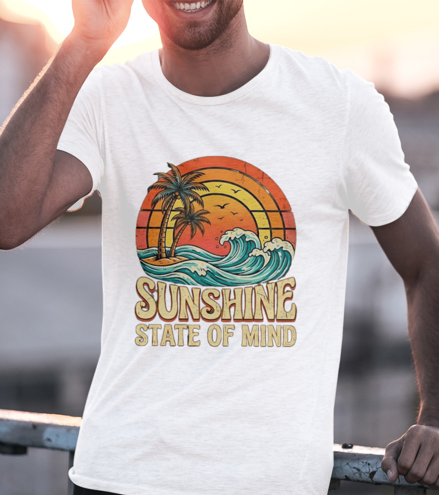Sunshine State Of Mind Palm Trees Crashing Waves Sunset T-Shirt