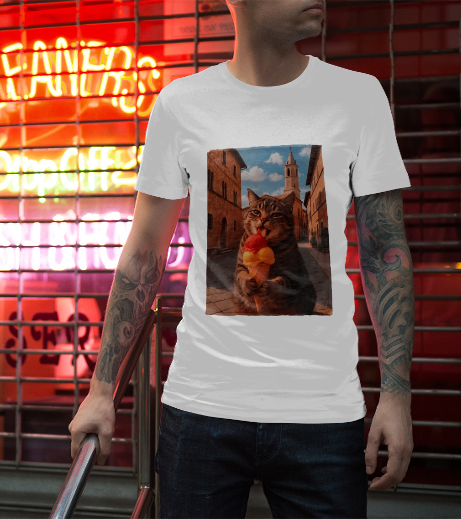 Tabby Cat Eating Ice Cream Cone In Italian Village Street Scene T-Shirt