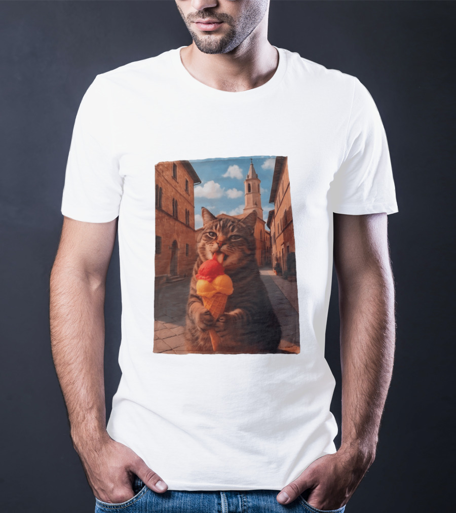 Tabby Cat Eating Ice Cream Cone In Italian Village Street Scene T-Shirt
