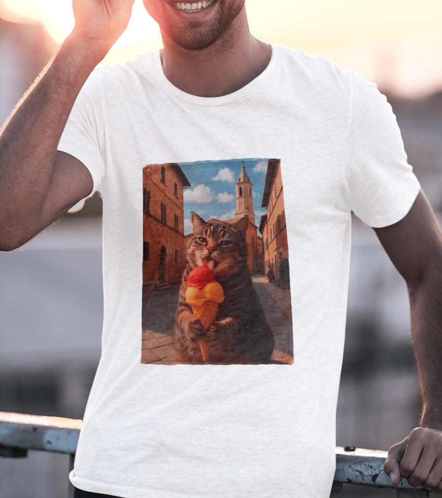Tabby Cat Eating Ice Cream Cone In Italian Village Street Scene T-Shirt
