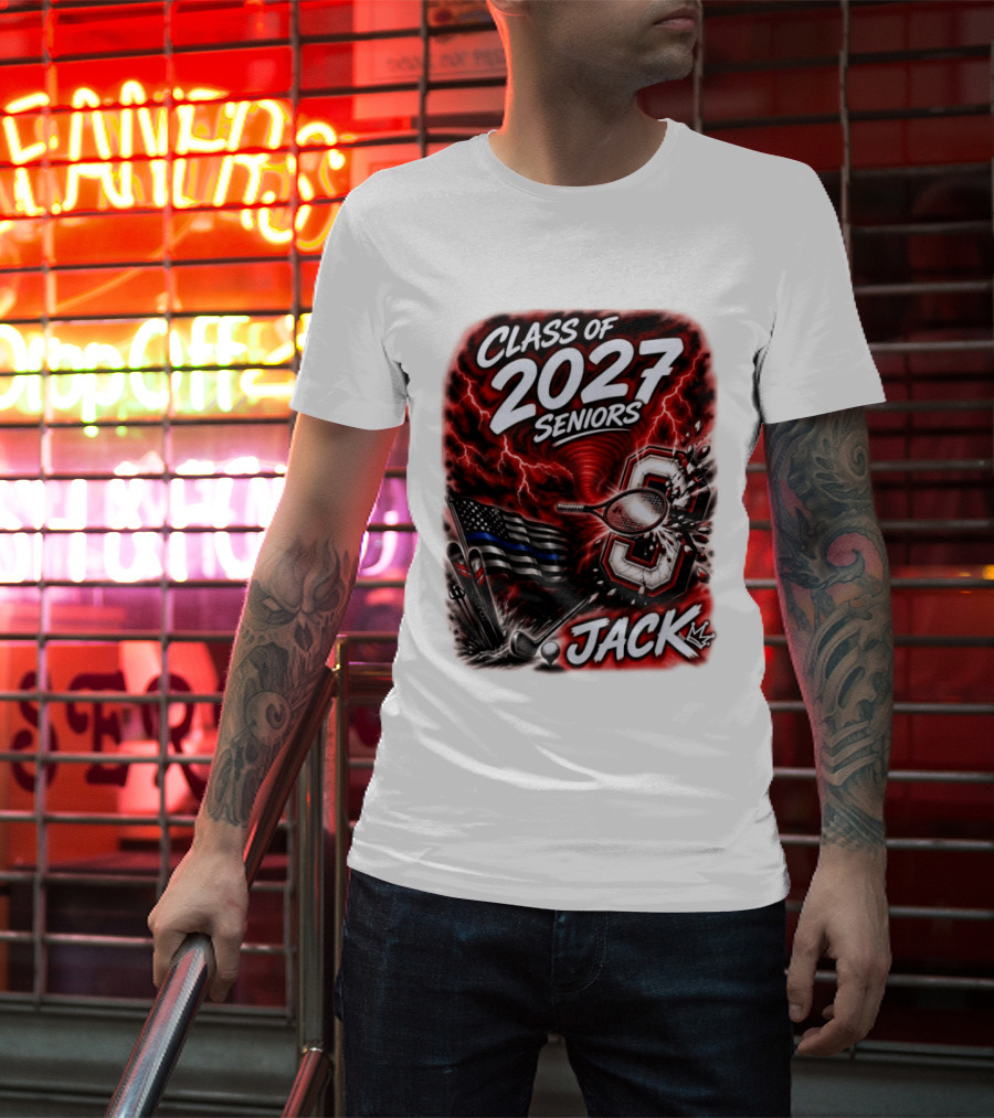 Class Of 2027 Seniors Jack Black Flag Lightning Tennis Football T-Shirt