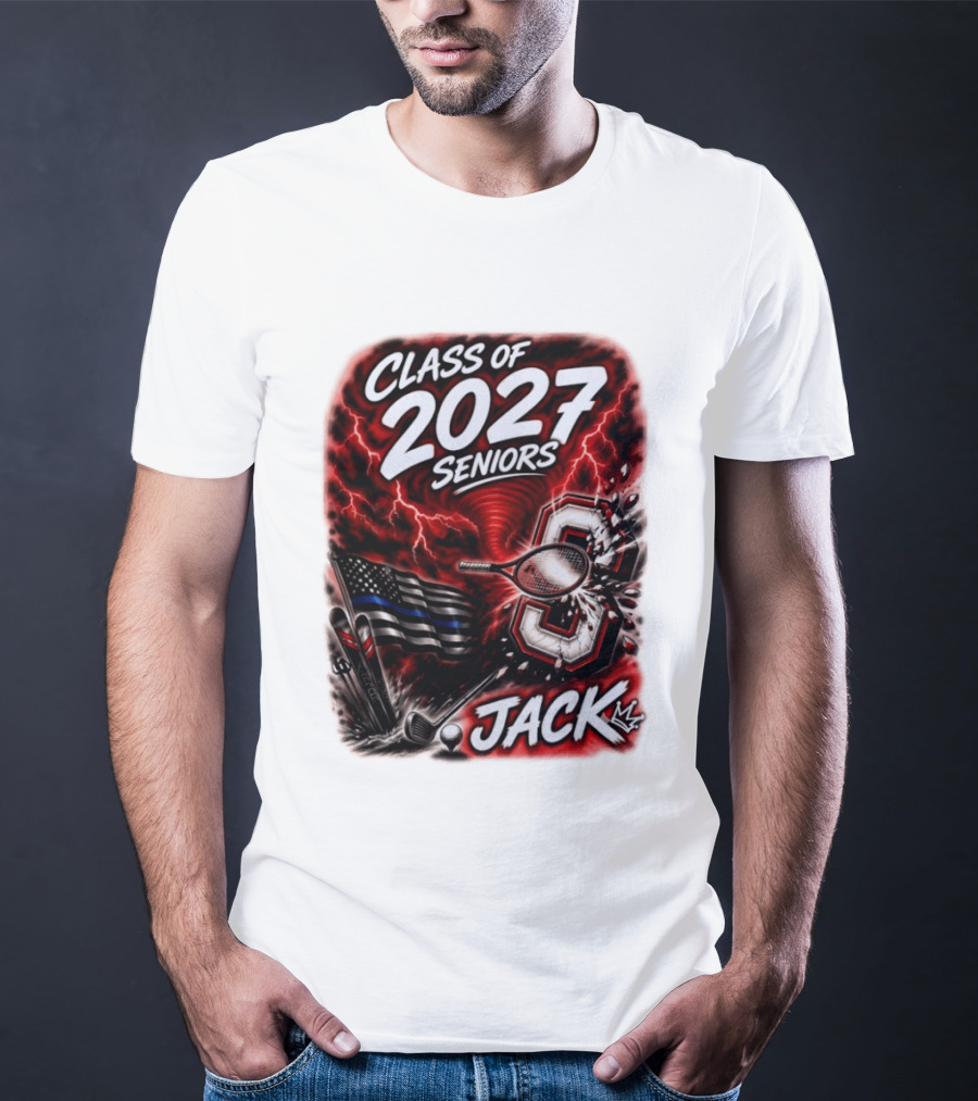 Class Of 2027 Seniors Jack Black Flag Lightning Tennis Football T-Shirt