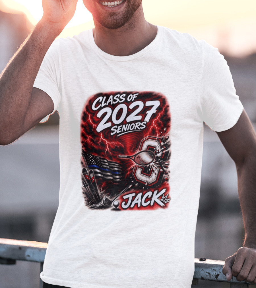 Class Of 2027 Seniors Jack Black Flag Lightning Tennis Football T-Shirt