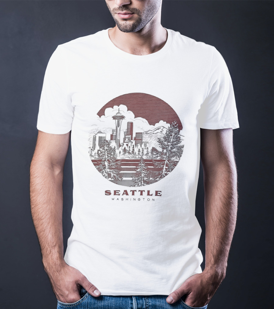 Seattle Washington Skyline Space Needle Mountains Forest T-Shirt