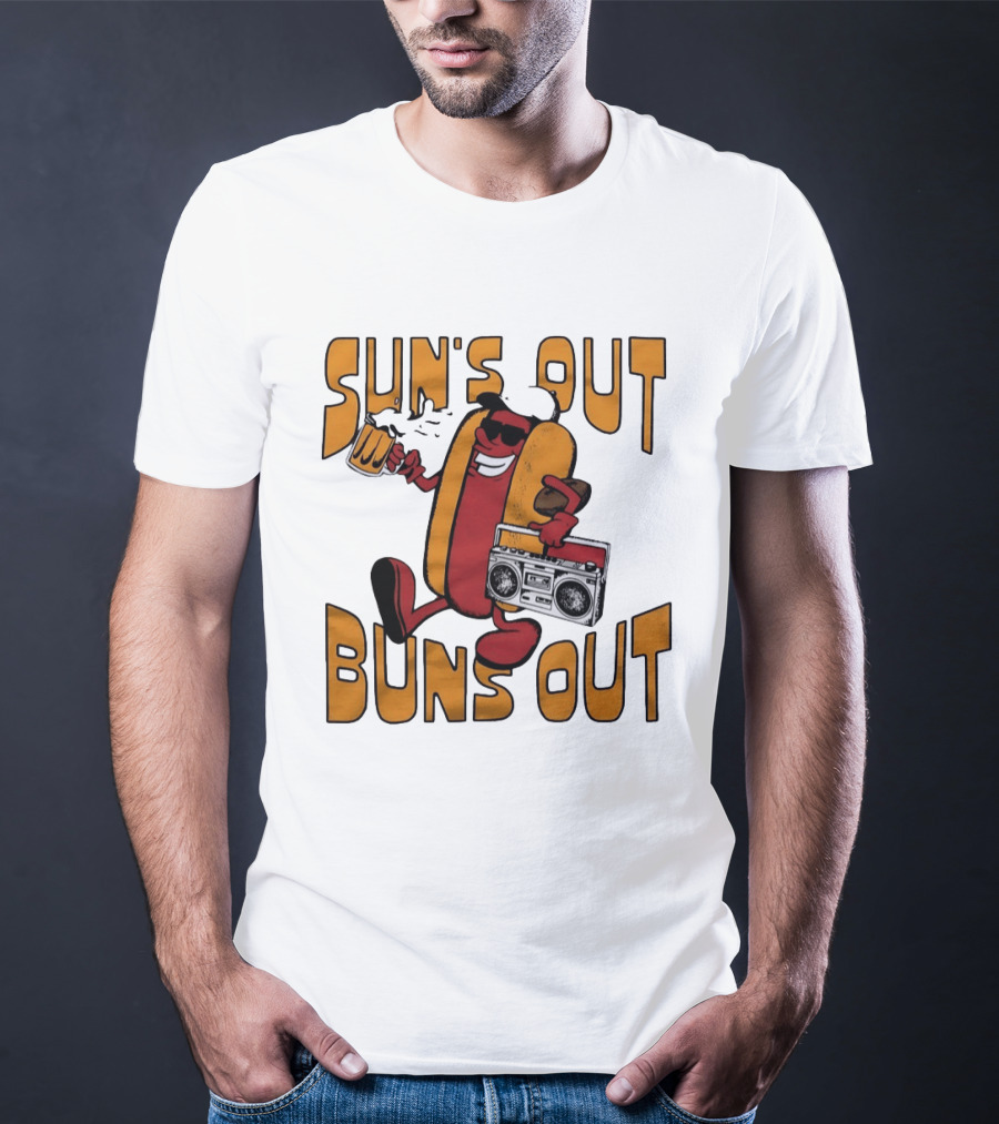 Sun's Out Buns Out Hot Dog With Sunglasses Holding Beer And Boombox T-Shirt