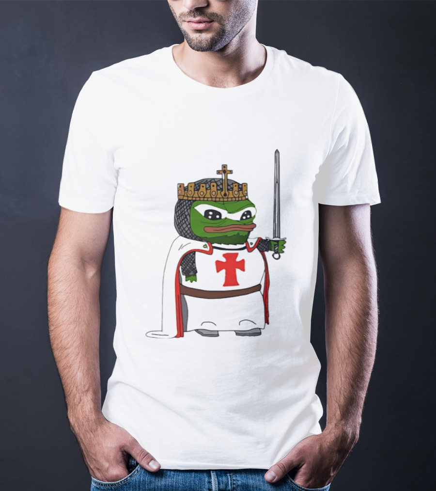Pepe The Frog King Holding Sword Medieval Crusader Knight With Crown And Cape T-Shirt