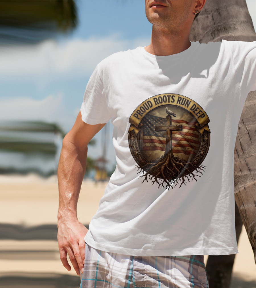 Proud Roots Run Deep Cross Dove American Flag Roots T-Shirt