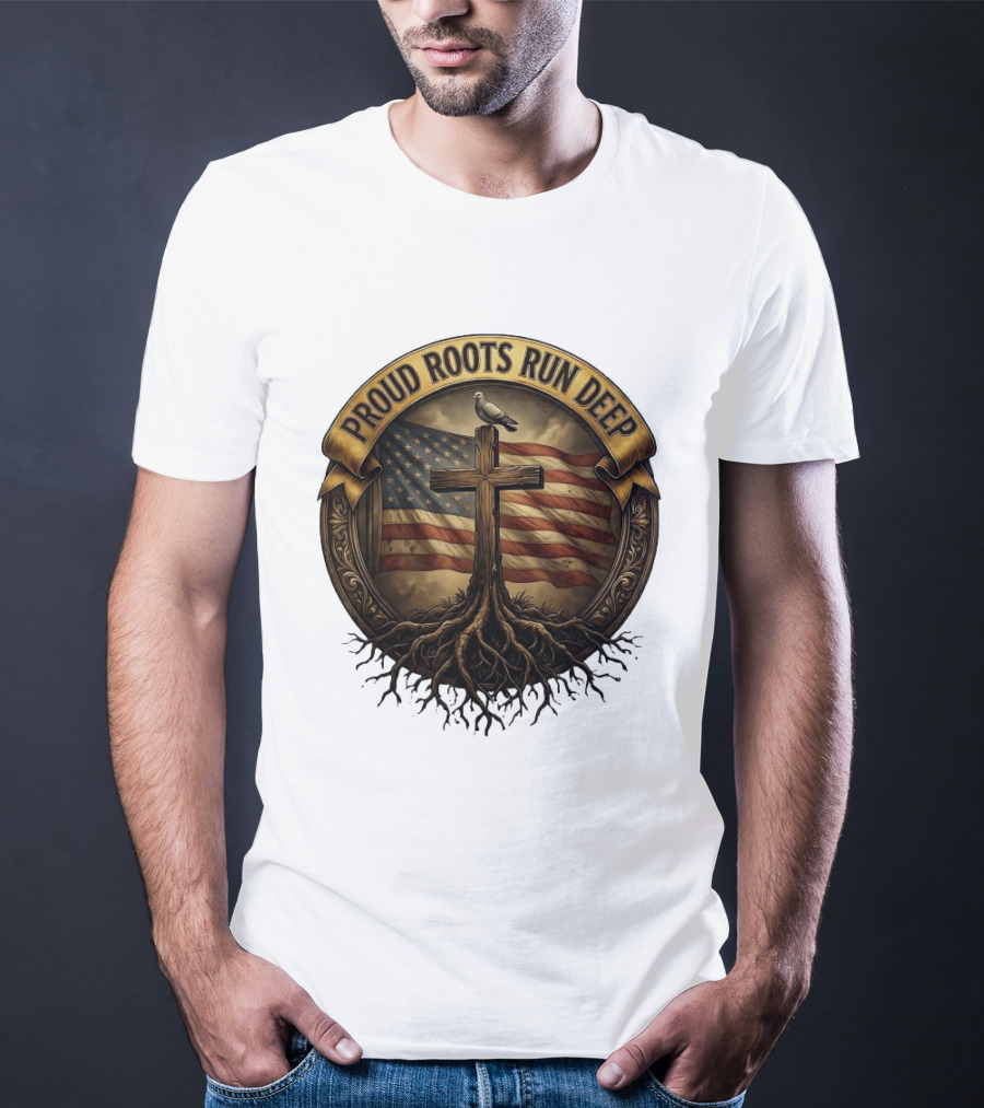 Proud Roots Run Deep Cross Dove American Flag Roots T-Shirt