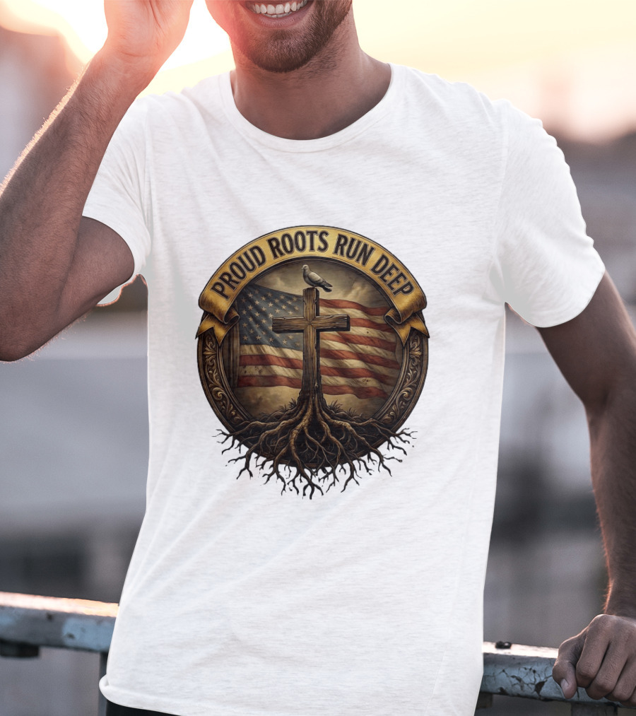 Proud Roots Run Deep Cross Dove American Flag Roots T-Shirt
