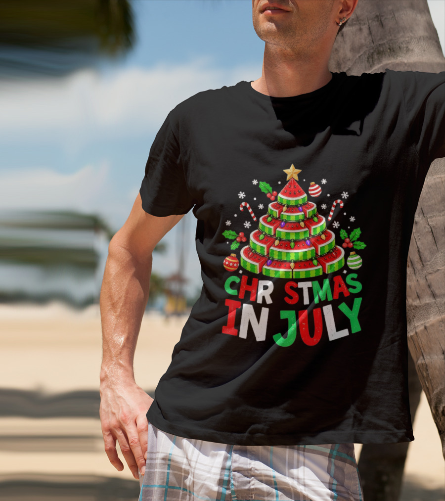 Christmas In July Watermelon Tree With String Lights And Candy Canes T-Shirt