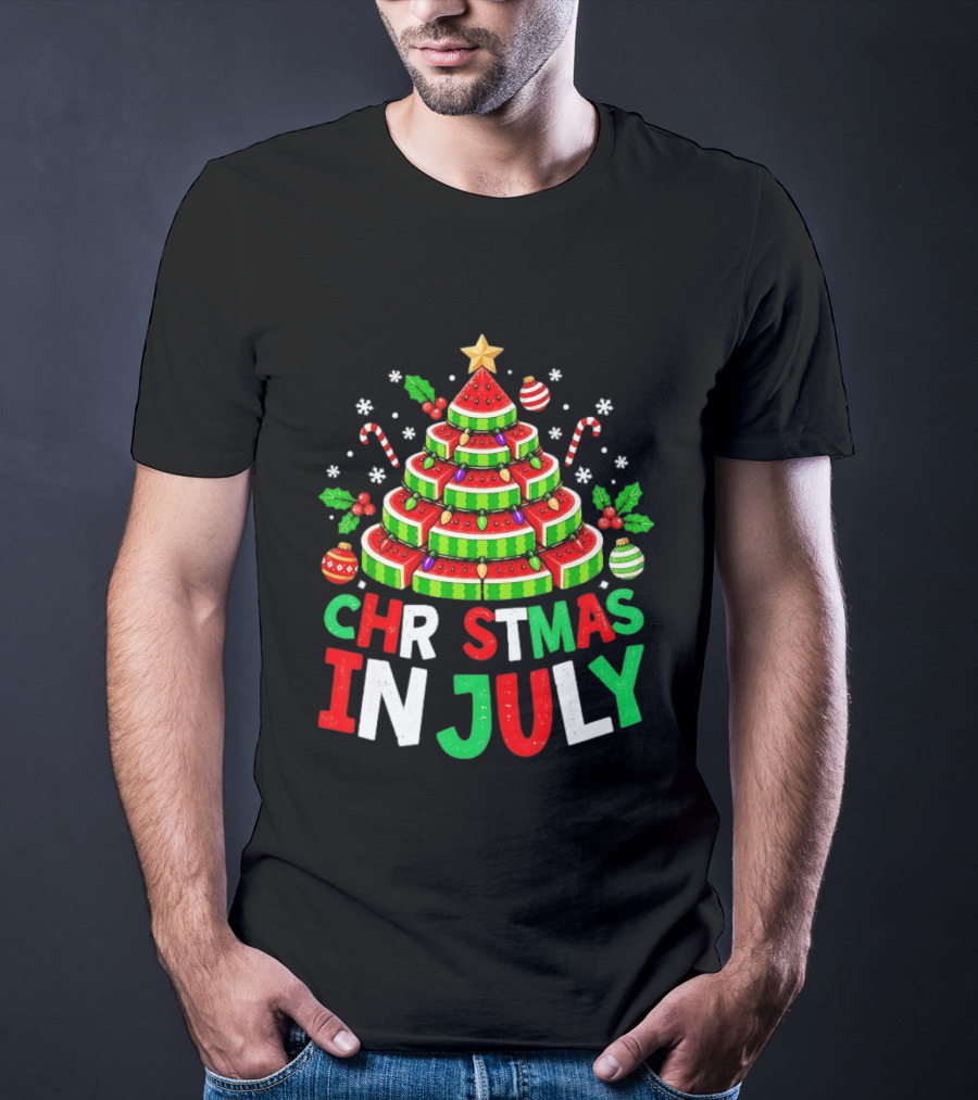 Christmas In July Watermelon Tree With String Lights And Candy Canes T-Shirt