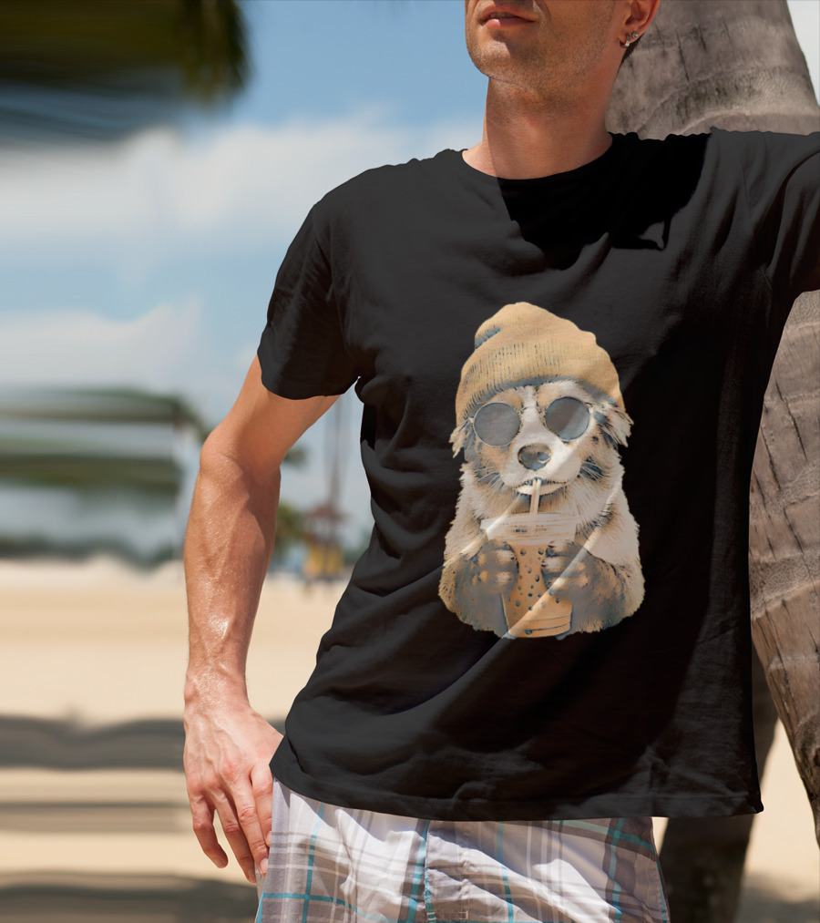 Cozy Dog In Beanie And Sunglasses Enjoying Iced Boba Tea T-Shirt