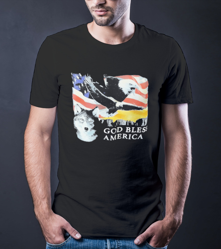 God Bless America Bald Eagle Wolf And American Flag Patriotic T-Shirt