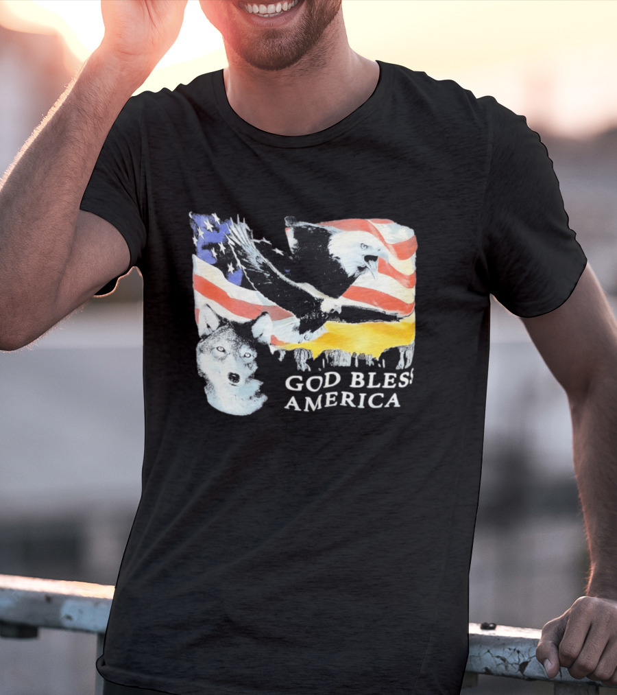 God Bless America Bald Eagle Wolf And American Flag Patriotic T-Shirt