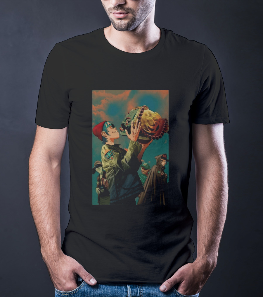 Gorillaz 2D Holding Mask Art With Band Members T-Shirt