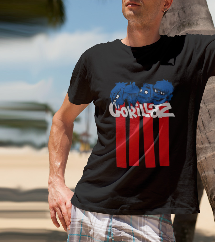 GORILLAZ Pez Heads Characters Red Stripes T-Shirt