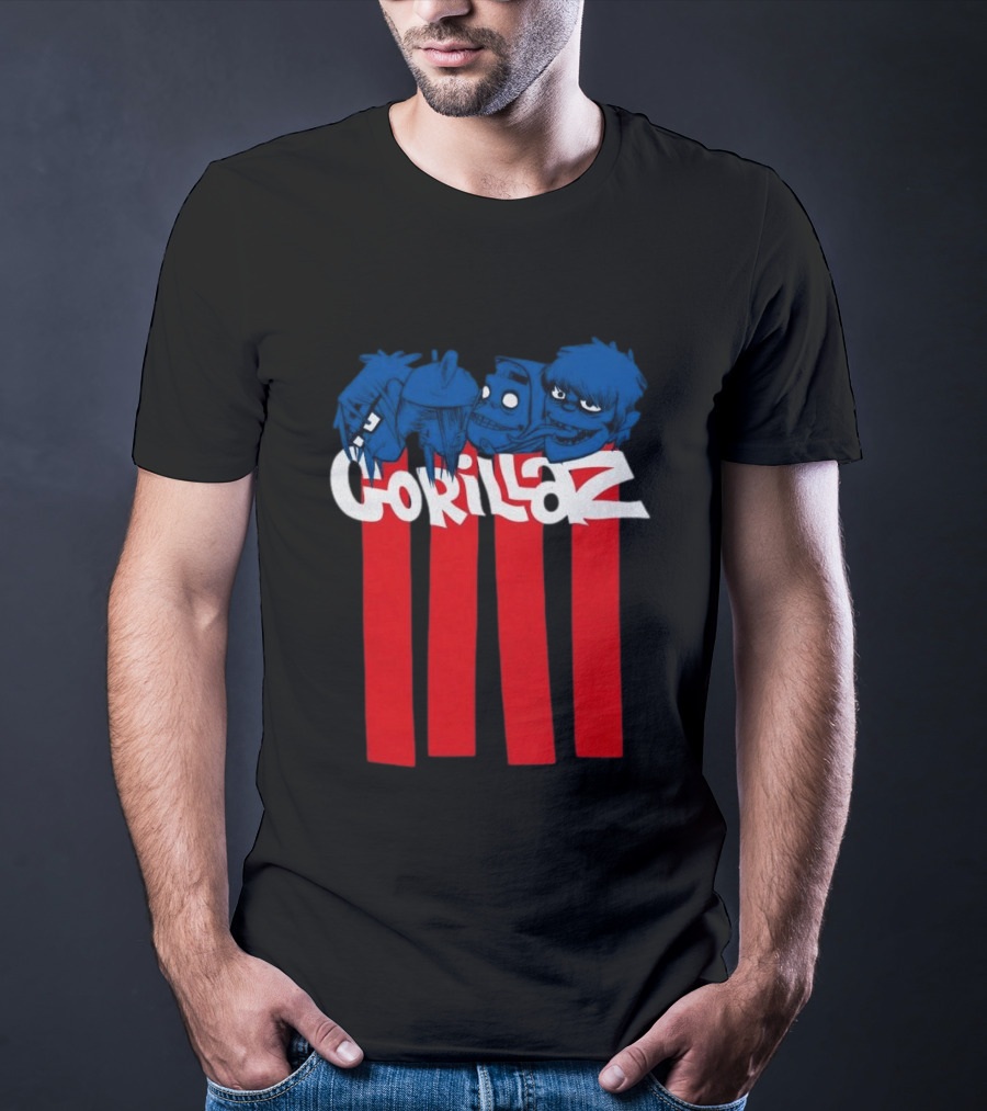 GORILLAZ Pez Heads Characters Red Stripes T-Shirt