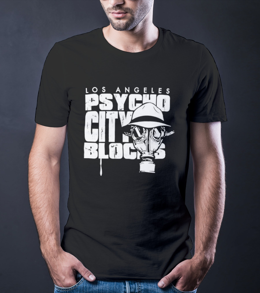 Los Angeles Psycho City Blocks Gas Mask Helmet Bold Lettering T-Shirt