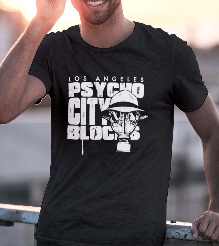 Los Angeles Psycho City Blocks Gas Mask Helmet Bold Lettering T-Shirt