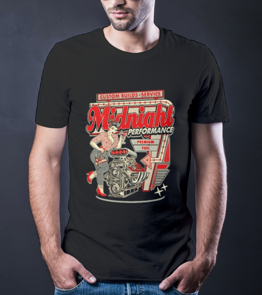 Midnight Performance Custom Builds Service Premium Fuel Retro Pin Up T-Shirt