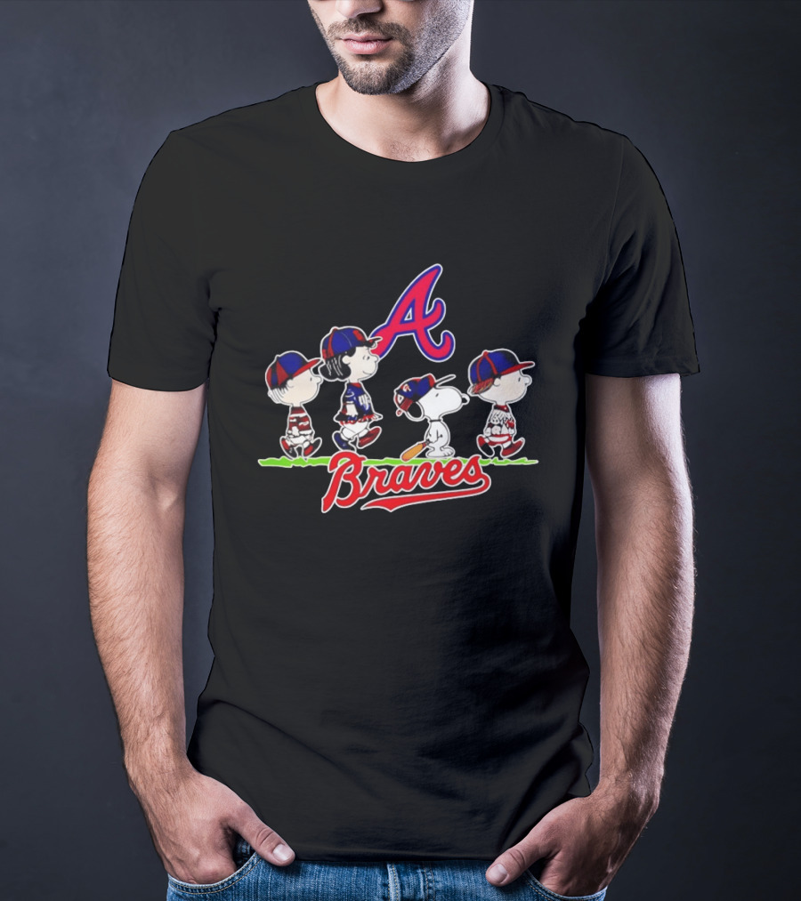 Atlanta Braves Peanuts Characters Walking With Baseball Caps T-Shirt